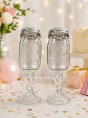 Vintage Ball Mason Jar Clear Glass Country Goblet Redneck Wine Glass 9.25" Lot 2